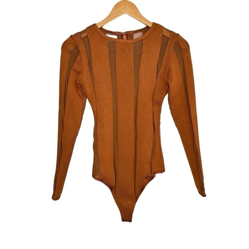 House of CB Womens Bandage Sheer Bodysuit Size Small Copper Thong Long Sleeve